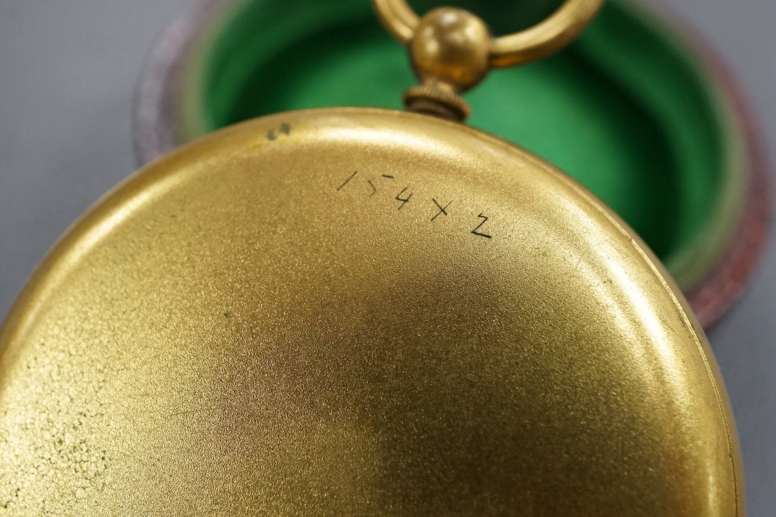 A pocket aneroid barometer by J. Watts, Optician, Dublin, in a fitted leather case with a label for ‘T. Mason, Optician, 5, Dame Street, Dublin’, to the inside of the lid.
